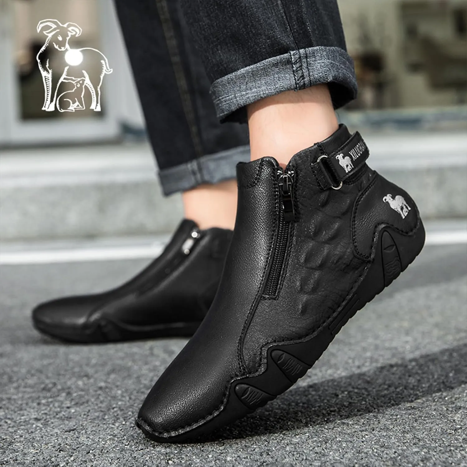 Men's Causal Fashion Ankle Chukka Boots Comfort Round Toe Alligator Printed Fur Lined Non Slip Side Zip Boots Outdoor High Top Driving Walking Shoes