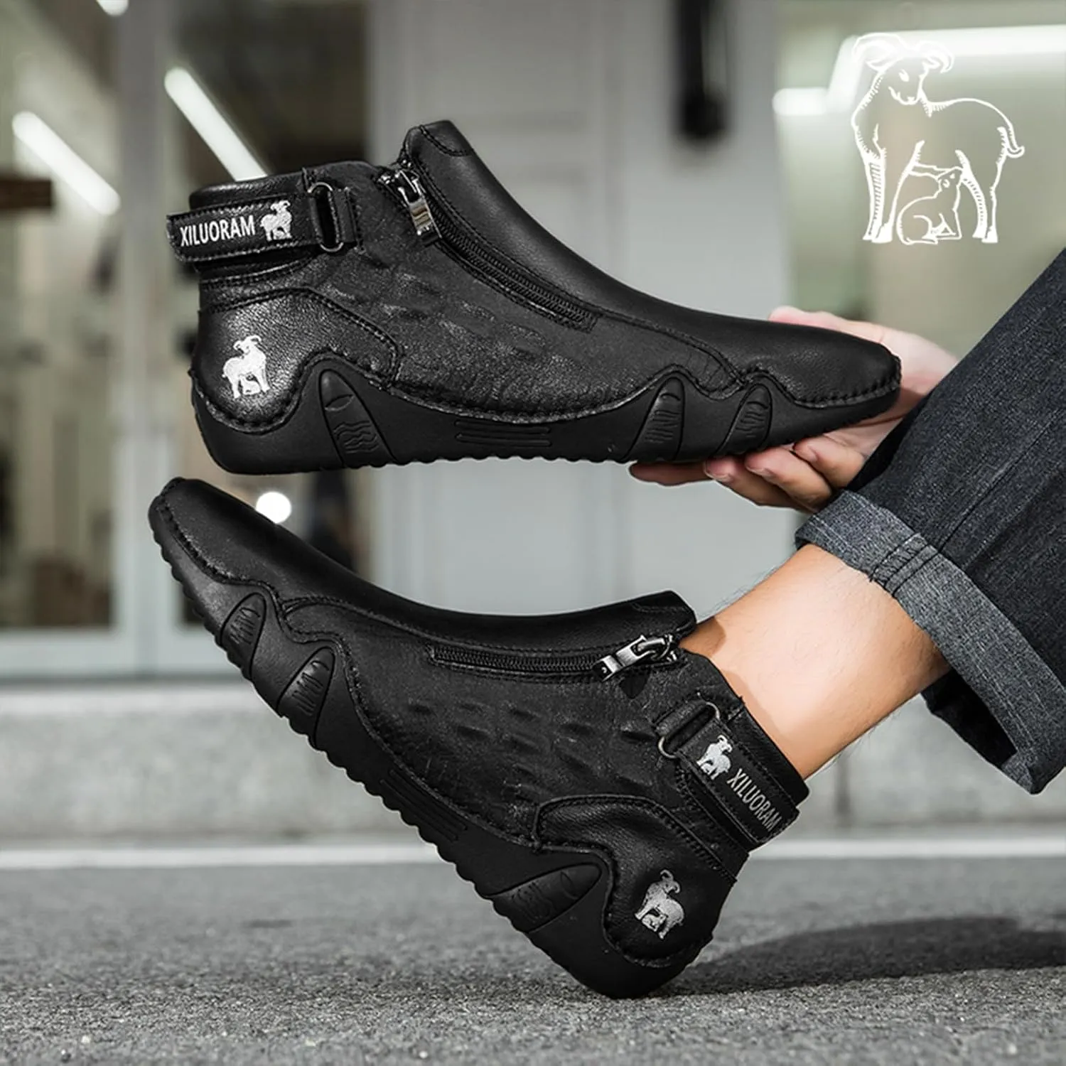Men's Causal Fashion Ankle Chukka Boots Comfort Round Toe Alligator Printed Fur Lined Non Slip Side Zip Boots Outdoor High Top Driving Walking Shoes