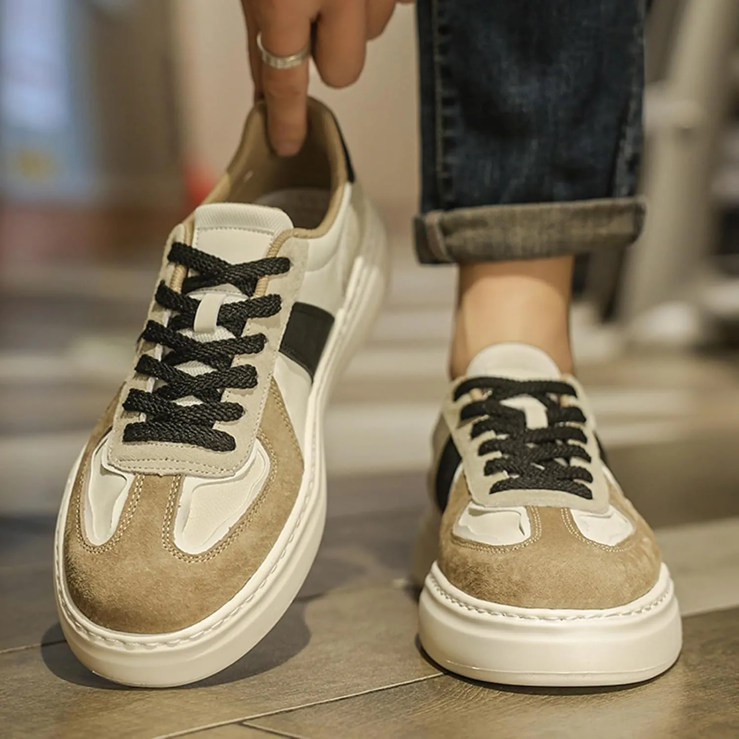 Men's Fashion Patchwork Suede Leather Platform Lace Up Sneakers Casual Retro Round Toe Non Slip Walking Daily Skating Tennis Shoes