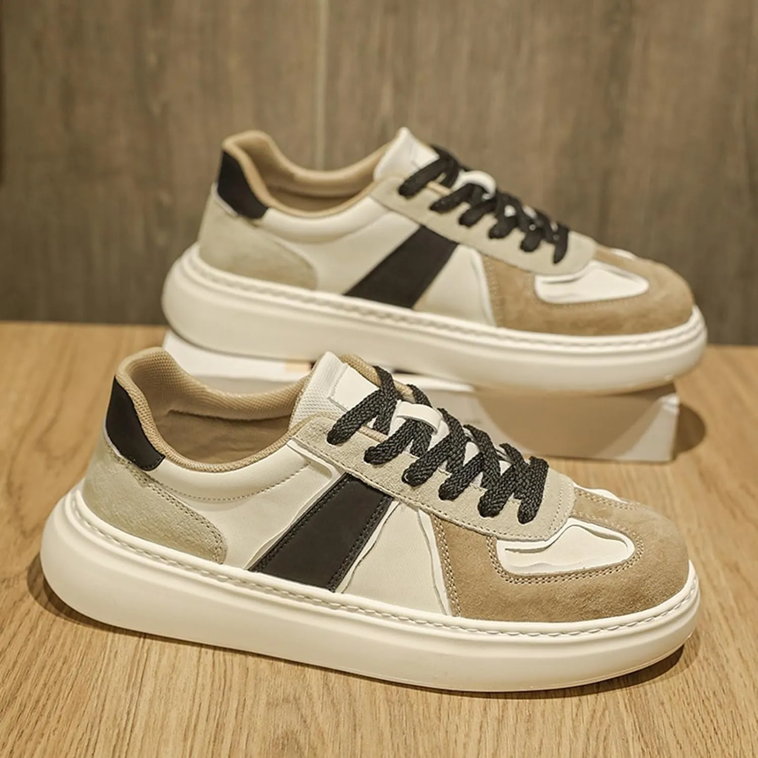 Men's Fashion Patchwork Suede Leather Platform Lace Up Sneakers Casual Retro Round Toe Non Slip Walking Daily Skating Tennis Shoes