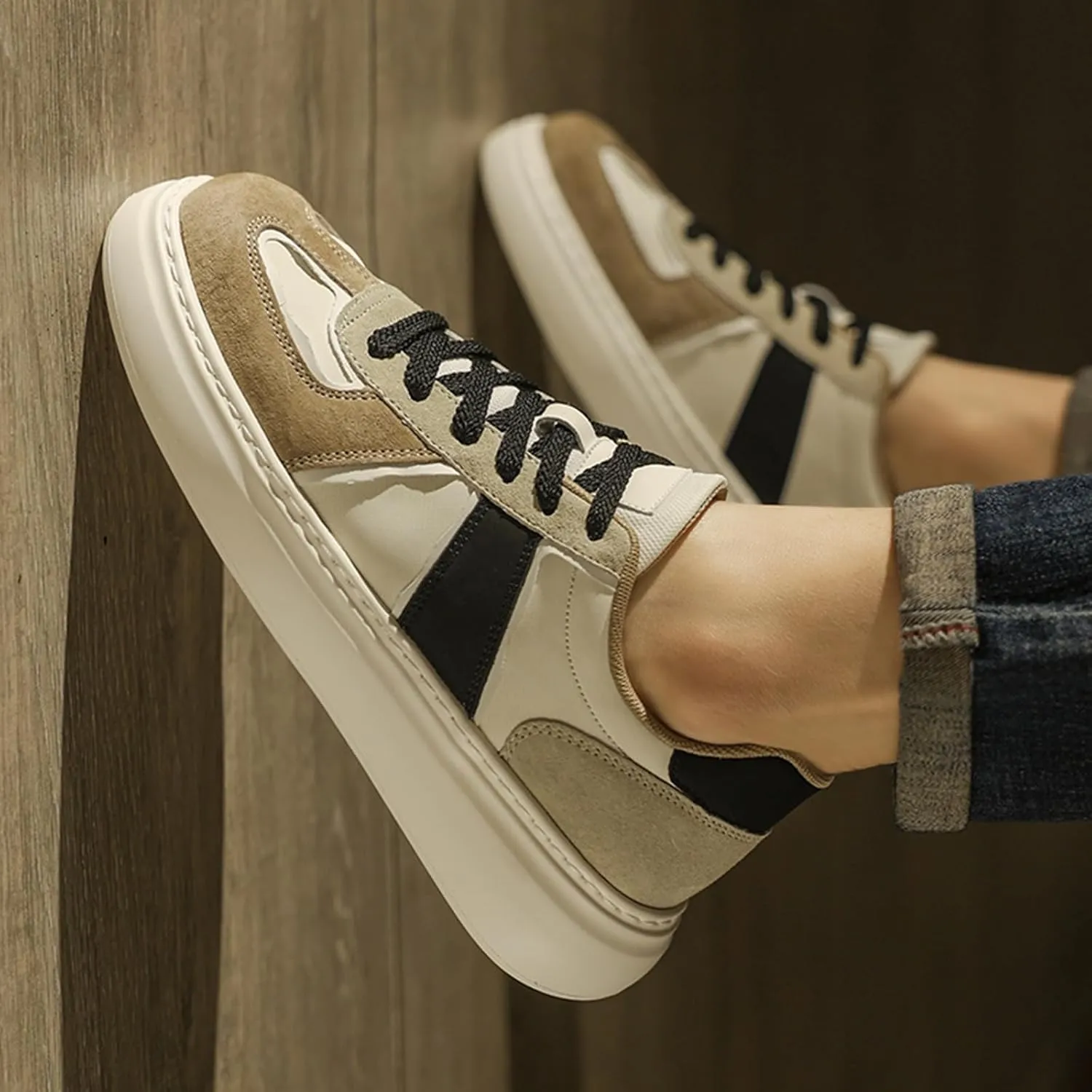 Men's Fashion Patchwork Suede Leather Platform Lace Up Sneakers Casual Retro Round Toe Non Slip Walking Daily Skating Tennis Shoes