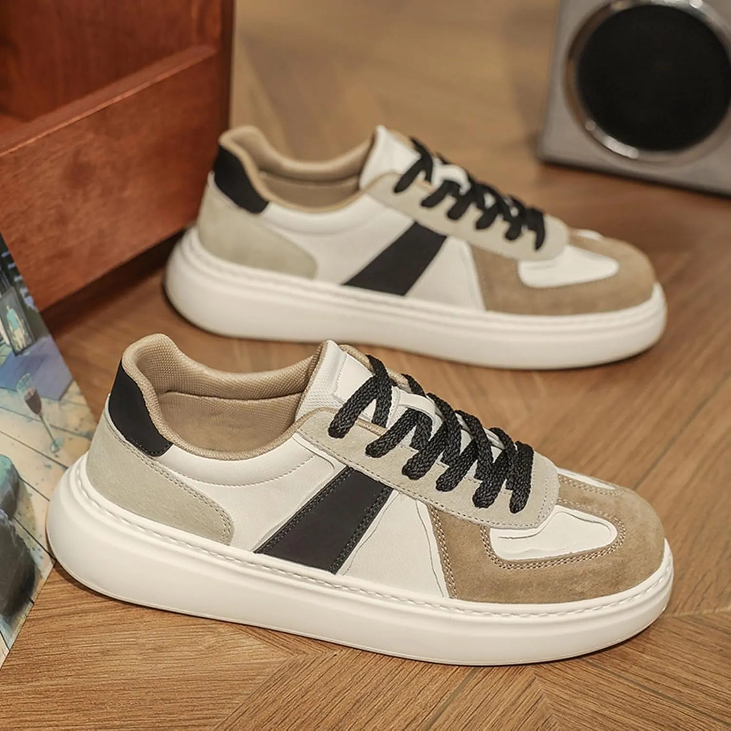 Men's Fashion Patchwork Suede Leather Platform Lace Up Sneakers Casual Retro Round Toe Non Slip Walking Daily Skating Tennis Shoes