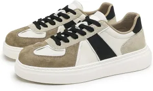 Men's Fashion Patchwork Suede Leather Platform Lace Up Sneakers Casual Retro Round Toe Non Slip Walking Daily Skating Tennis Shoes