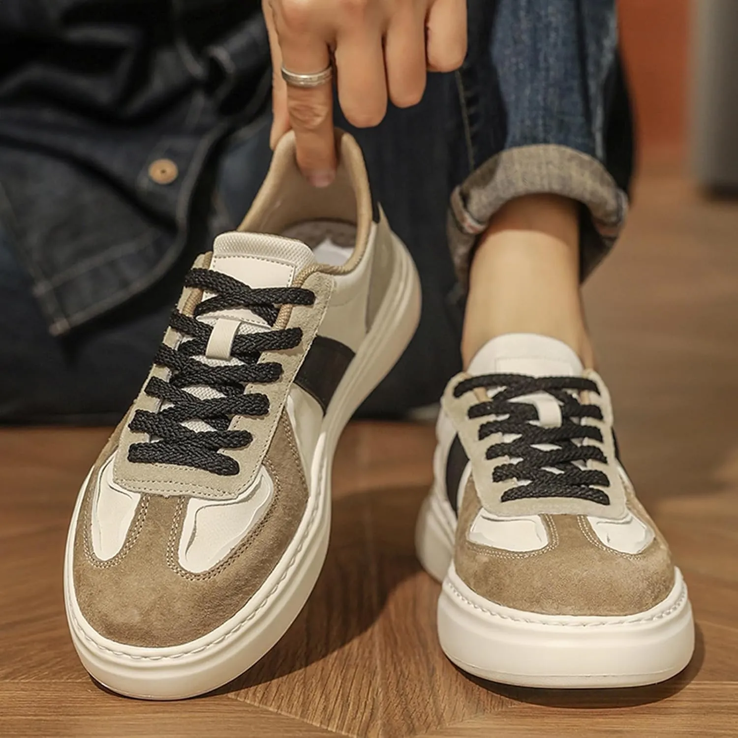 Men's Fashion Patchwork Suede Leather Platform Lace Up Sneakers Casual Retro Round Toe Non Slip Walking Daily Skating Tennis Shoes