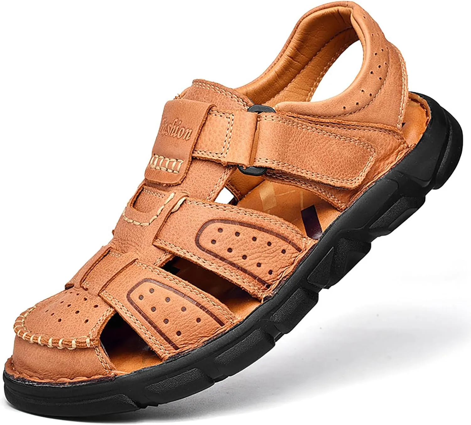 Men's Genuine Leather Round Closed Toe Fisherman Sandals Adjustable Hook Loop Casual Outdoor Hiking Sandals Comfort Non-Slip Beach Sport Athletic Walking Traveling Shoes