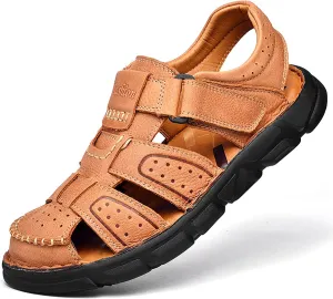 Men's Genuine Leather Round Closed Toe Fisherman Sandals Adjustable Hook Loop Casual Outdoor Hiking Sandals Comfort Non-Slip Beach Sport Athletic Walking Traveling Shoes