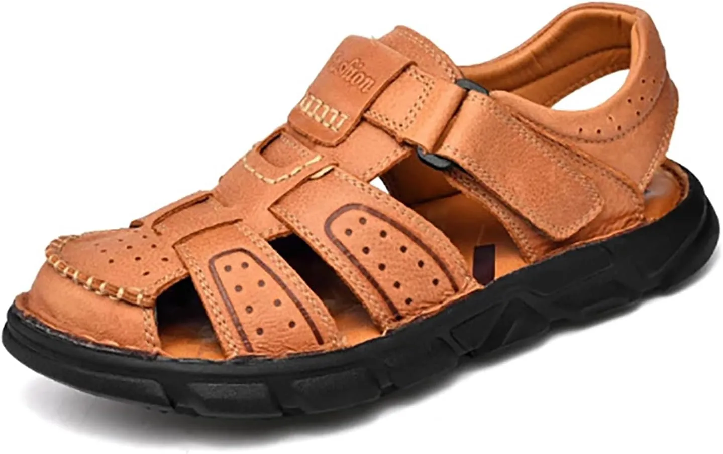 Men's Genuine Leather Round Closed Toe Fisherman Sandals Adjustable Hook Loop Casual Outdoor Hiking Sandals Comfort Non-Slip Beach Sport Athletic Walking Traveling Shoes