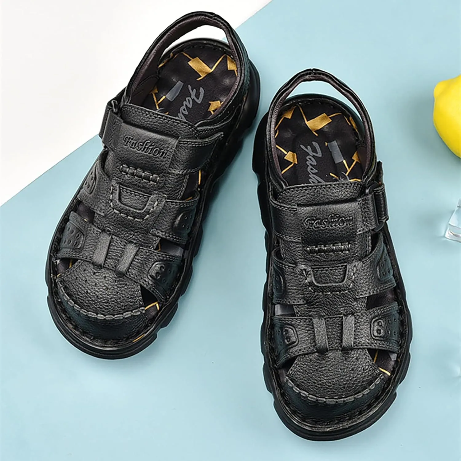 Men's Genuine Leather Round Closed Toe Fisherman Sandals Adjustable Hook Loop Casual Outdoor Hiking Sandals Comfort Non-Slip Beach Sport Athletic Walking Traveling Shoes