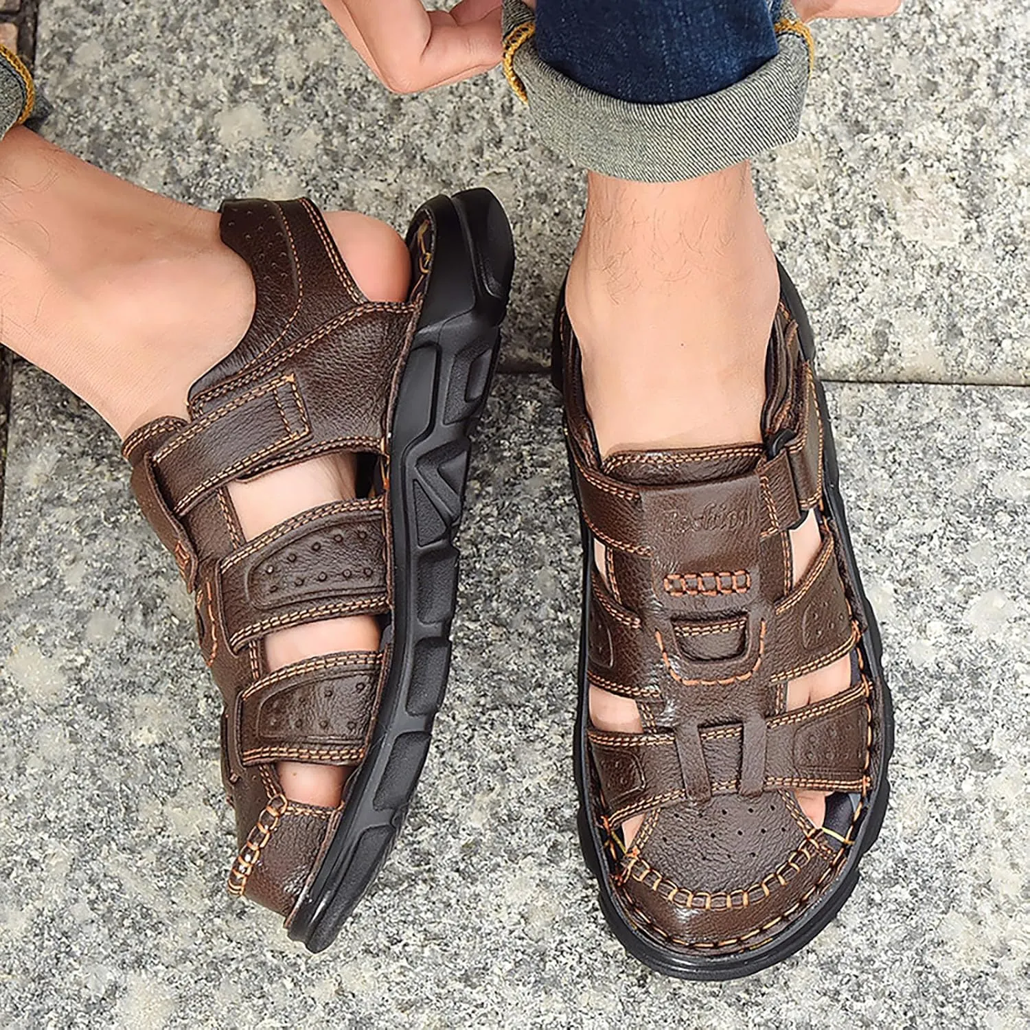 Men's Genuine Leather Round Closed Toe Fisherman Sandals Adjustable Hook Loop Casual Outdoor Hiking Sandals Comfort Non-Slip Beach Sport Athletic Walking Traveling Shoes