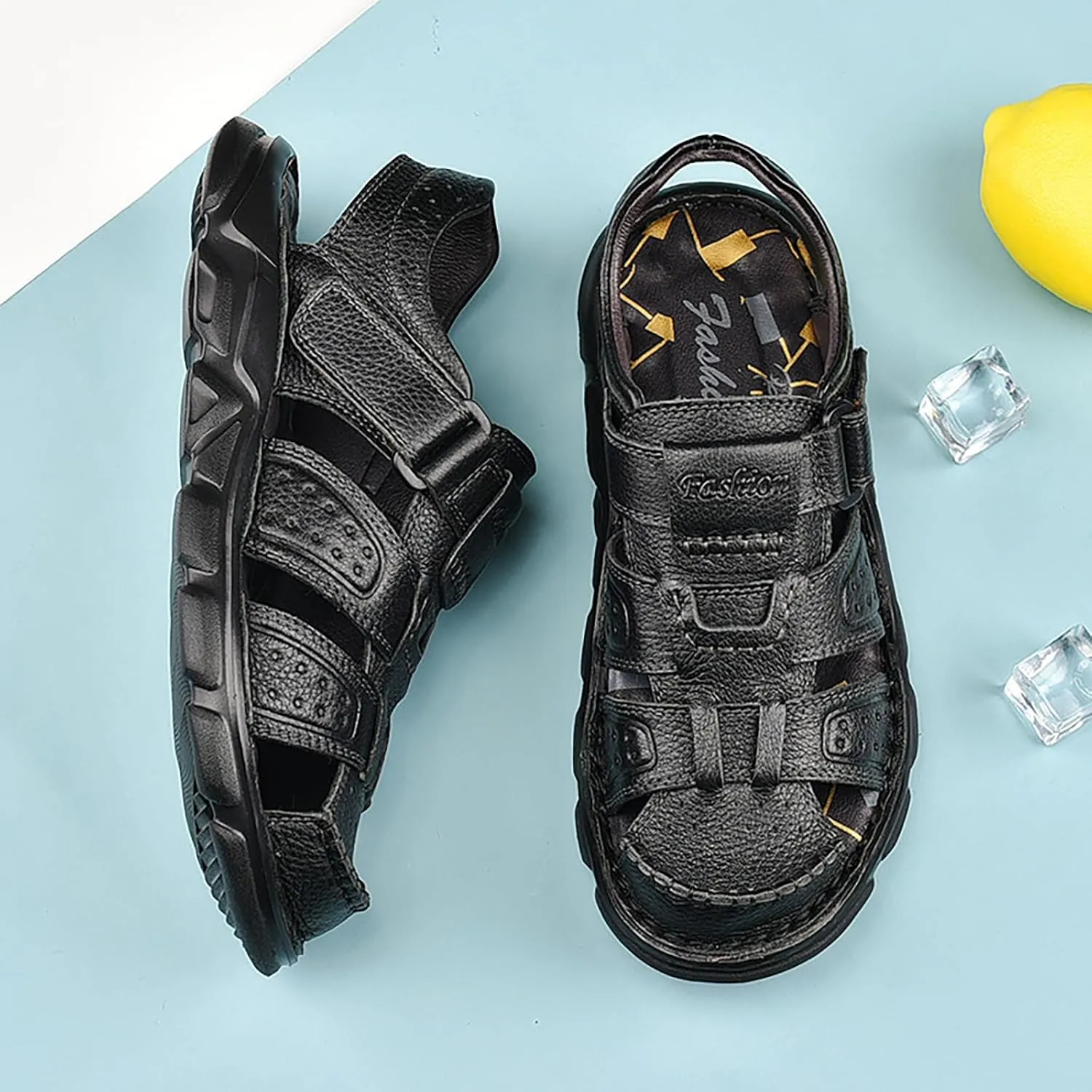 Men's Genuine Leather Round Closed Toe Fisherman Sandals Adjustable Hook Loop Casual Outdoor Hiking Sandals Comfort Non-Slip Beach Sport Athletic Walking Traveling Shoes
