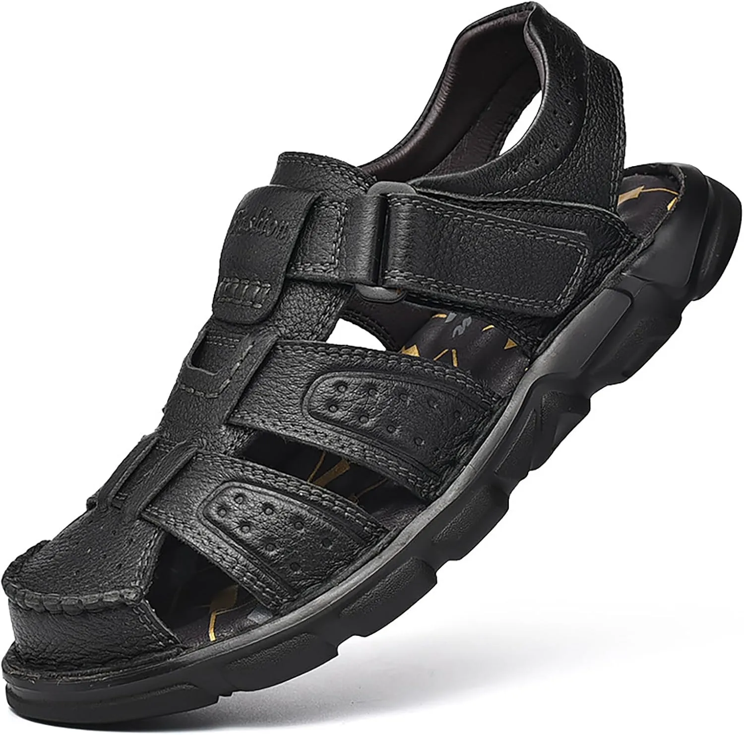 Men's Genuine Leather Round Closed Toe Fisherman Sandals Adjustable Hook Loop Casual Outdoor Hiking Sandals Comfort Non-Slip Beach Sport Athletic Walking Traveling Shoes