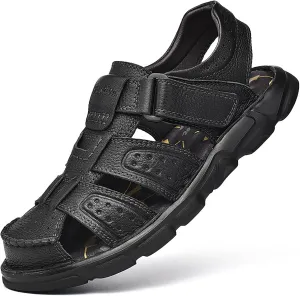 Men's Genuine Leather Round Closed Toe Fisherman Sandals Adjustable Hook Loop Casual Outdoor Hiking Sandals Comfort Non-Slip Beach Sport Athletic Walking Traveling Shoes
