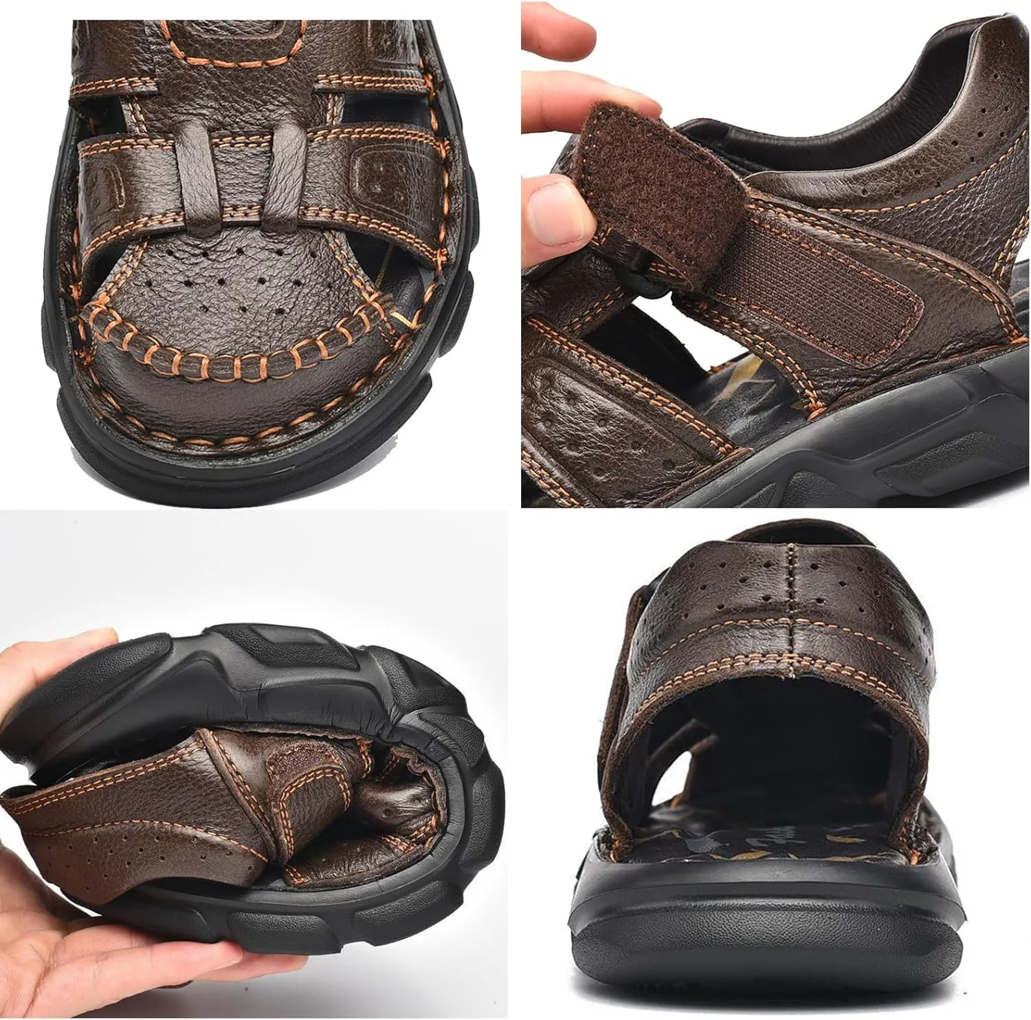Men's Genuine Leather Round Closed Toe Fisherman Sandals Adjustable Hook Loop Casual Outdoor Hiking Sandals Comfort Non-Slip Beach Sport Athletic Walking Traveling Shoes