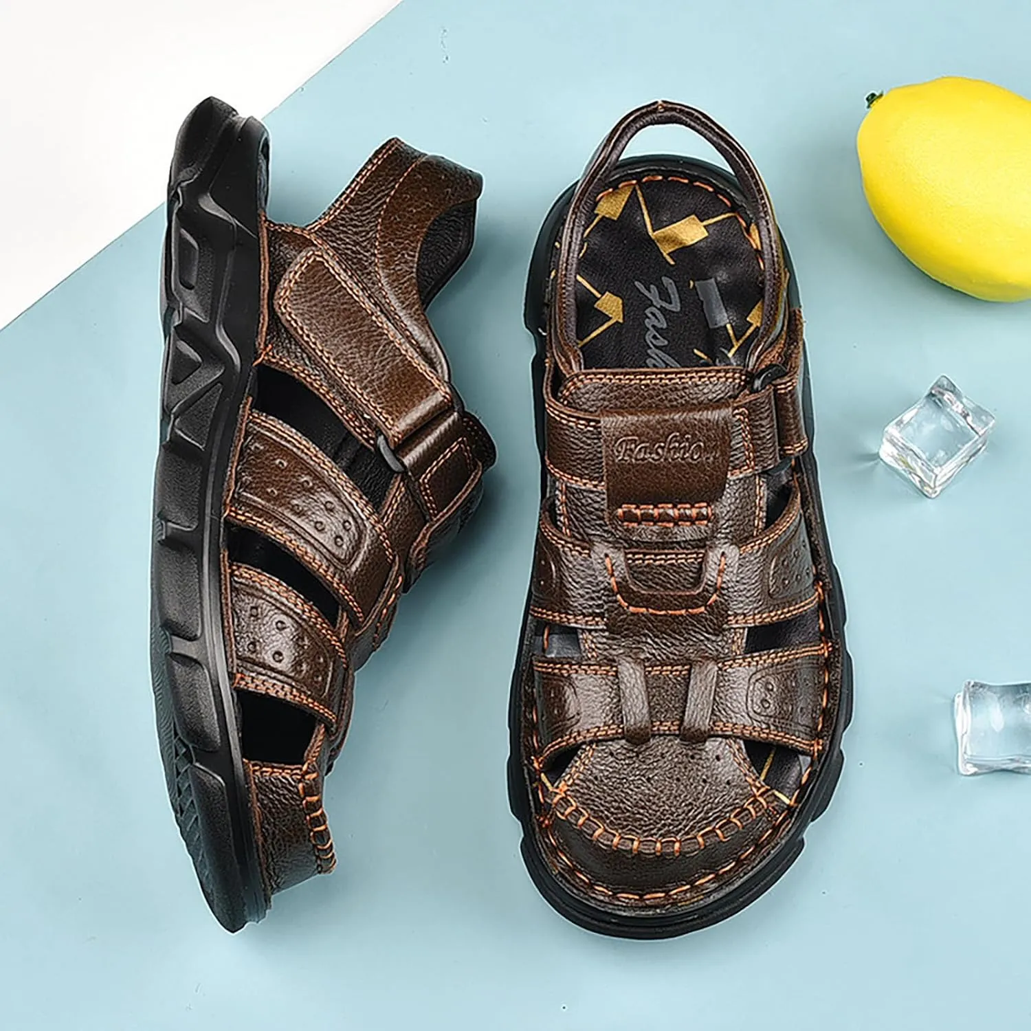 Men's Genuine Leather Round Closed Toe Fisherman Sandals Adjustable Hook Loop Casual Outdoor Hiking Sandals Comfort Non-Slip Beach Sport Athletic Walking Traveling Shoes