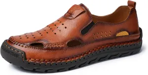 Men's Leather Fisherman Sandals Comfortable Closed-Toe Slip-On Non-Slip Cushioned Sole Breathable Hollow Out Summer Casual Shoes