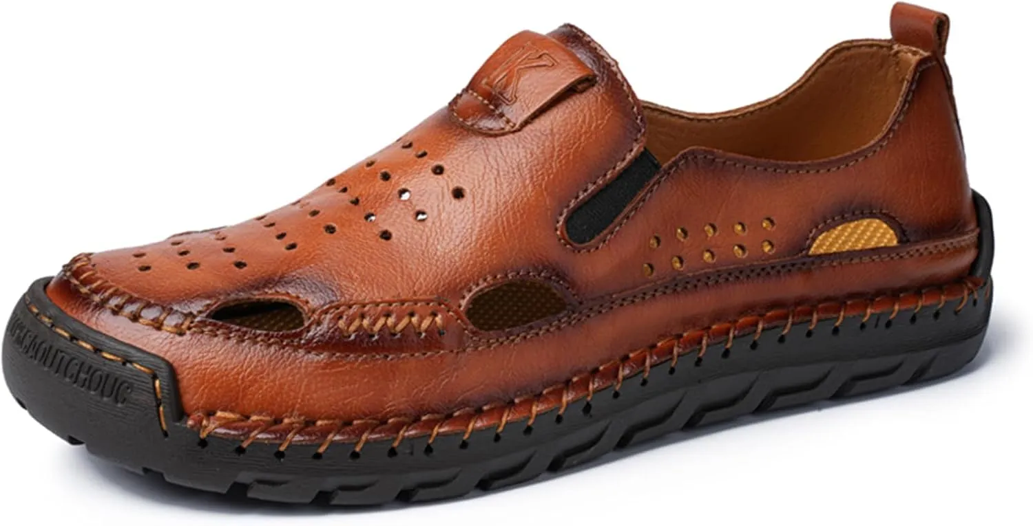 Men's Leather Fisherman Sandals Comfortable Closed-Toe Slip-On Non-Slip Cushioned Sole Breathable Hollow Out Summer Casual Shoes