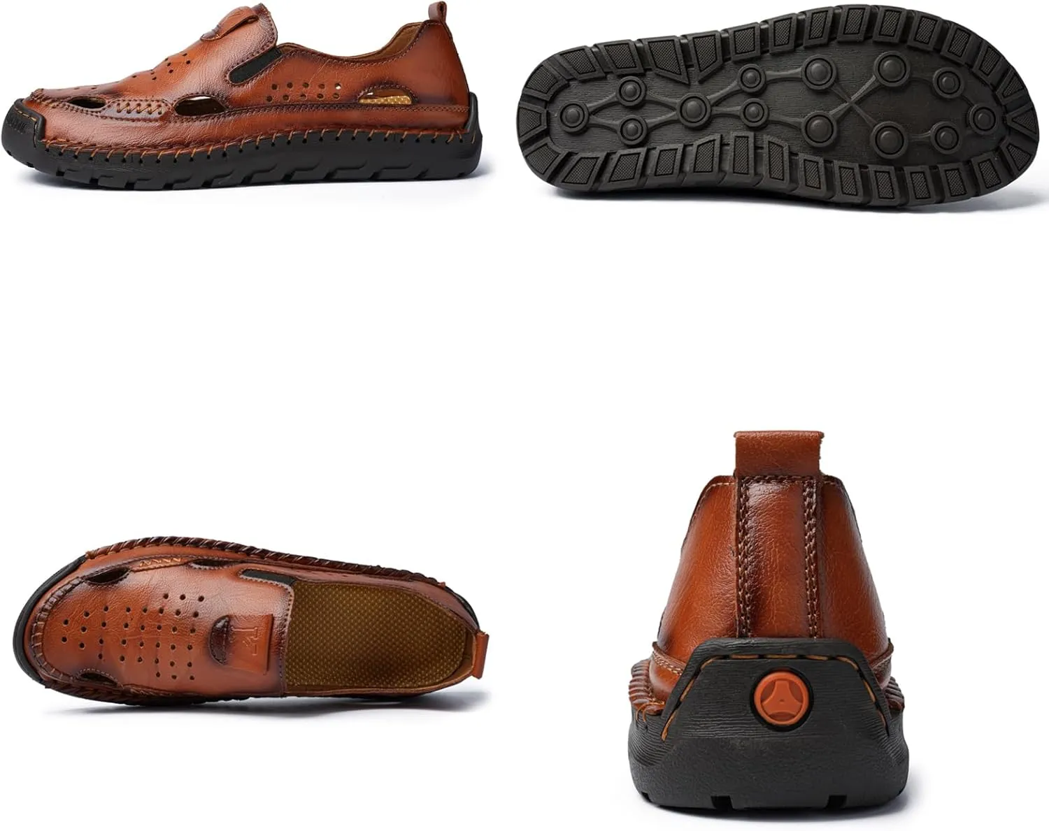 Men's Leather Fisherman Sandals Comfortable Closed-Toe Slip-On Non-Slip Cushioned Sole Breathable Hollow Out Summer Casual Shoes