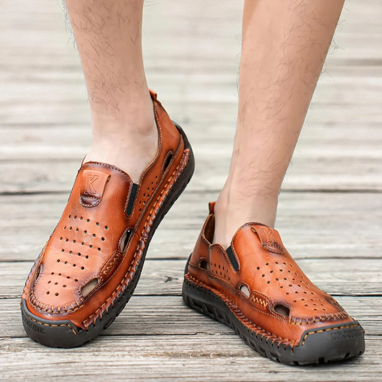 Men's Leather Fisherman Sandals Comfortable Closed-Toe Slip-On Non-Slip Cushioned Sole Breathable Hollow Out Summer Casual Shoes