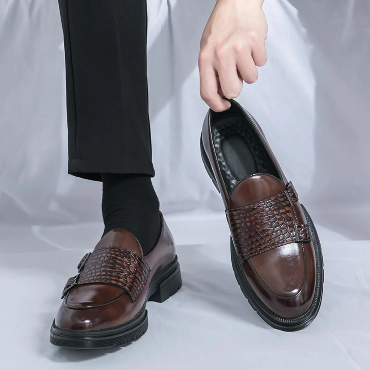 Men's Leather Platform Slip on Loafers with Dual Buckle Decor Luxury Round Toe Lug Sole Non-Slip Dress Shoes Casual Low Block Heel Business Work Office Shoes