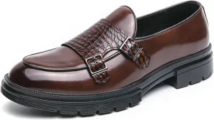 Men's Leather Platform Slip on Loafers with Dual Buckle Decor Luxury Round Toe Lug Sole Non-Slip Dress Shoes Casual Low Block Heel Business Work Office Shoes