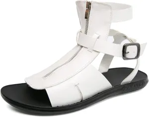 Men's Leather Sandals Black Gladiator Beach Sandal Ankle Strap Design with Buckle Front Zipper Outdoor Arch Support Non-slip Sandals