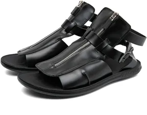 Men's Leather Sandals Black Gladiator Beach Sandal Ankle Strap Design with Buckle Front Zipper Outdoor Arch Support Non-slip Sandals