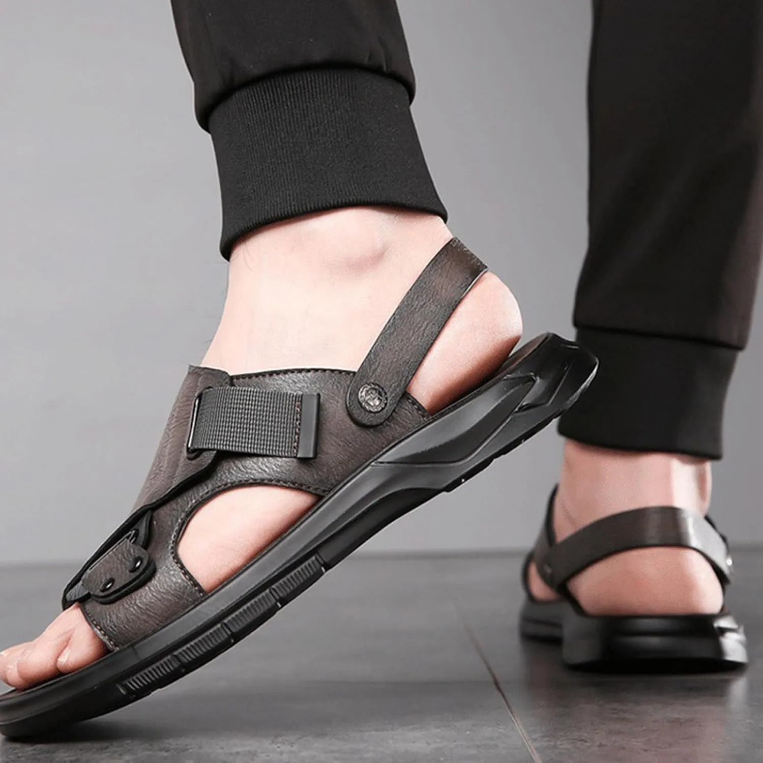 Men'S Pu Leather Flat Sandals With Adjustable Dual-Use Ankle Straps Comfortable Breathable Open-Toe Slip-On Sandals, Soft Casual Sliding Slippers