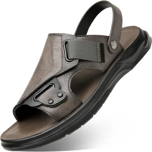 Men'S Pu Leather Flat Sandals With Adjustable Dual-Use Ankle Straps Comfortable Breathable Open-Toe Slip-On Sandals, Soft Casual Sliding Slippers