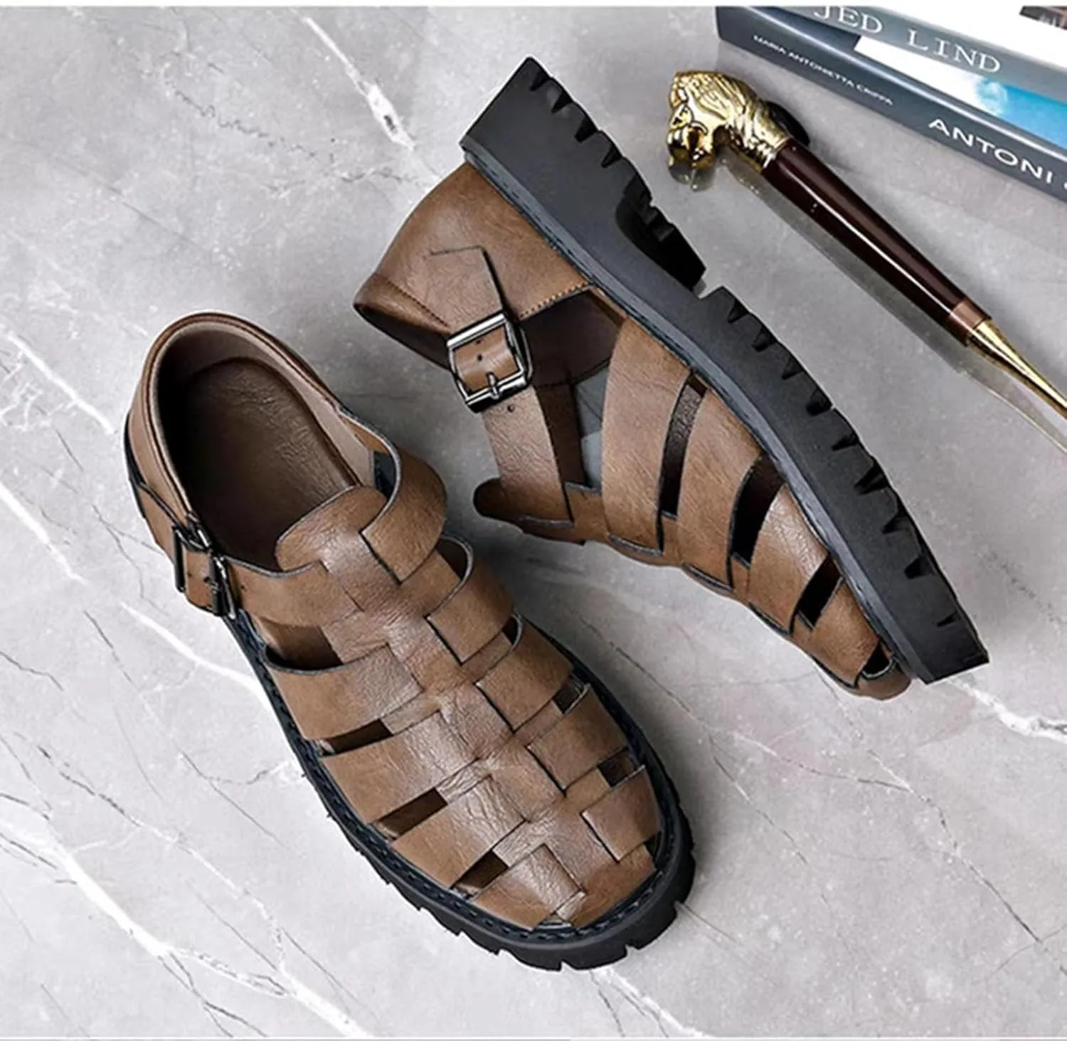 Men's Retro Genuine Leather Thick Soled Fisherman Sandals Summer Outdoor Adjustable Closed Toe Sandals Breathable And Lightweight Arch Support Sandals
