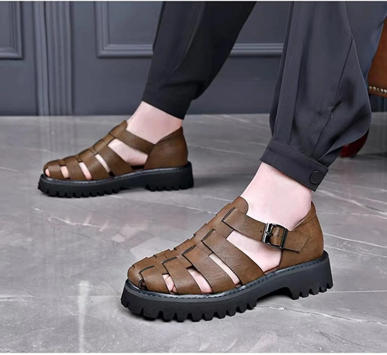Men's Retro Genuine Leather Thick Soled Fisherman Sandals Summer Outdoor Adjustable Closed Toe Sandals Breathable And Lightweight Arch Support Sandals