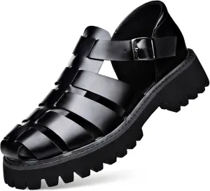 Men's Retro Genuine Leather Thick Soled Fisherman Sandals Summer Outdoor Adjustable Closed Toe Sandals Breathable And Lightweight Arch Support Sandals