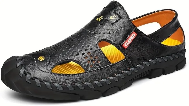 Men's Round Toe Sandals | Durable Hand-Stitched Leather Upper | Non-Slip Rubber Sole & Breathable Lining | Comfort PU Insole | Beach Vacation & Summer Essential