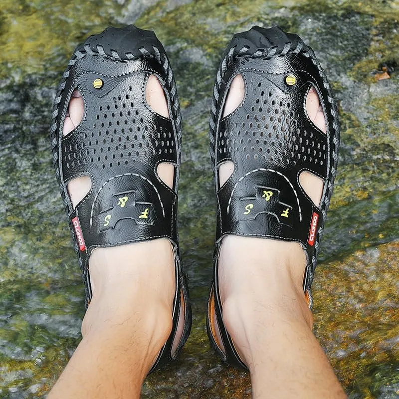 Men's Round Toe Sandals | Durable Hand-Stitched Leather Upper | Non-Slip Rubber Sole & Breathable Lining | Comfort PU Insole | Beach Vacation & Summer Essential