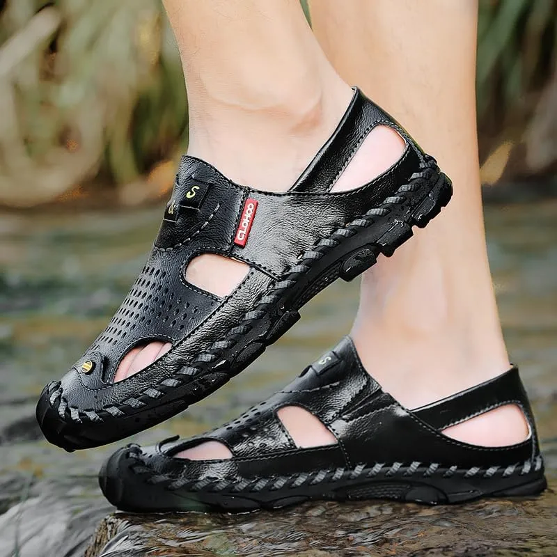 Men's Round Toe Sandals | Durable Hand-Stitched Leather Upper | Non-Slip Rubber Sole & Breathable Lining | Comfort PU Insole | Beach Vacation & Summer Essential