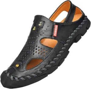 Men's Round Toe Sandals | Durable Hand-Stitched Leather Upper | Non-Slip Rubber Sole & Breathable Lining | Comfort PU Insole | Beach Vacation & Summer Essential