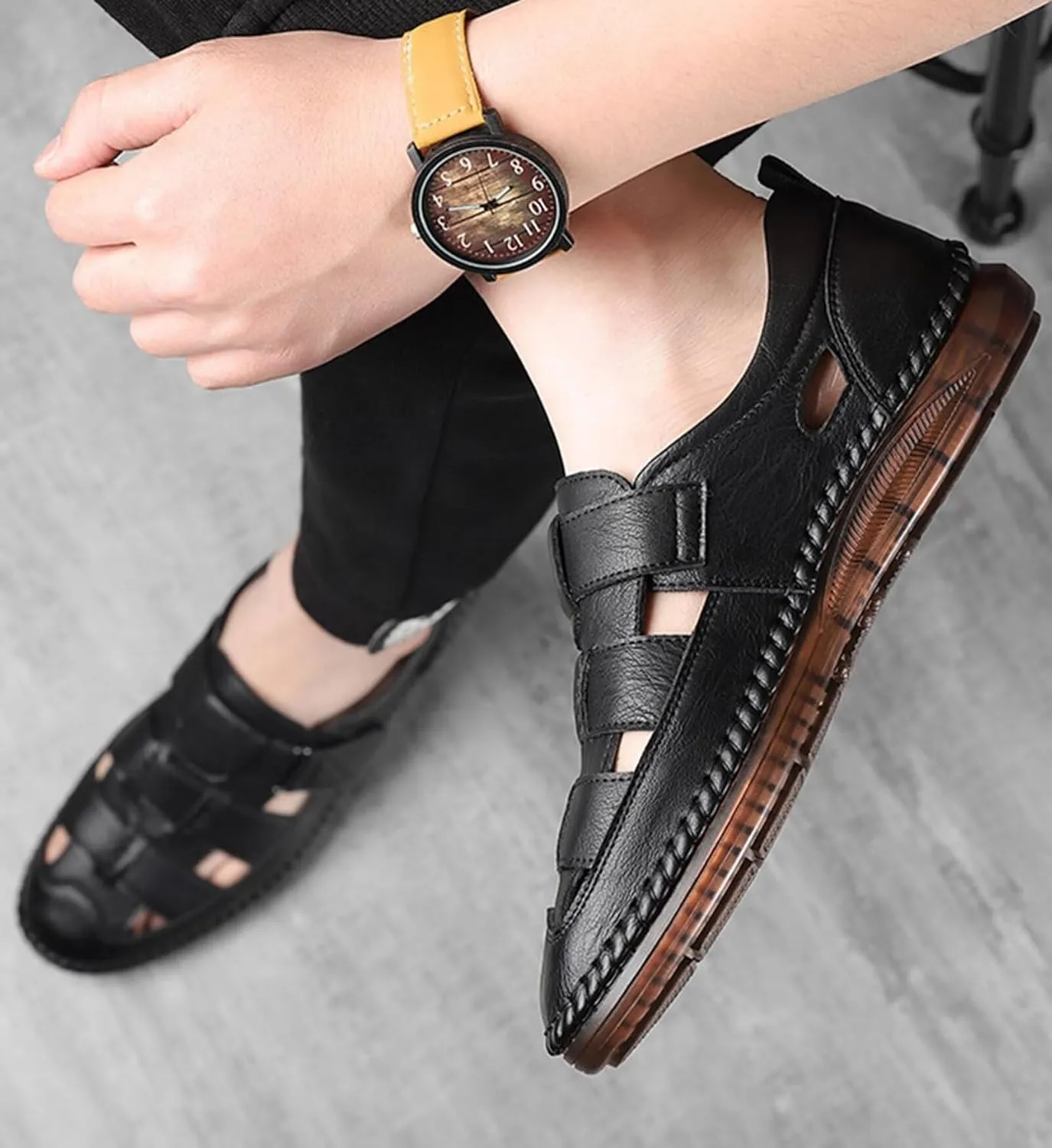Mens Sports Sandals Leather Closed Toe Outdoor Beach Shoes Breathable Summer Hiking Trekking Walking Sandals