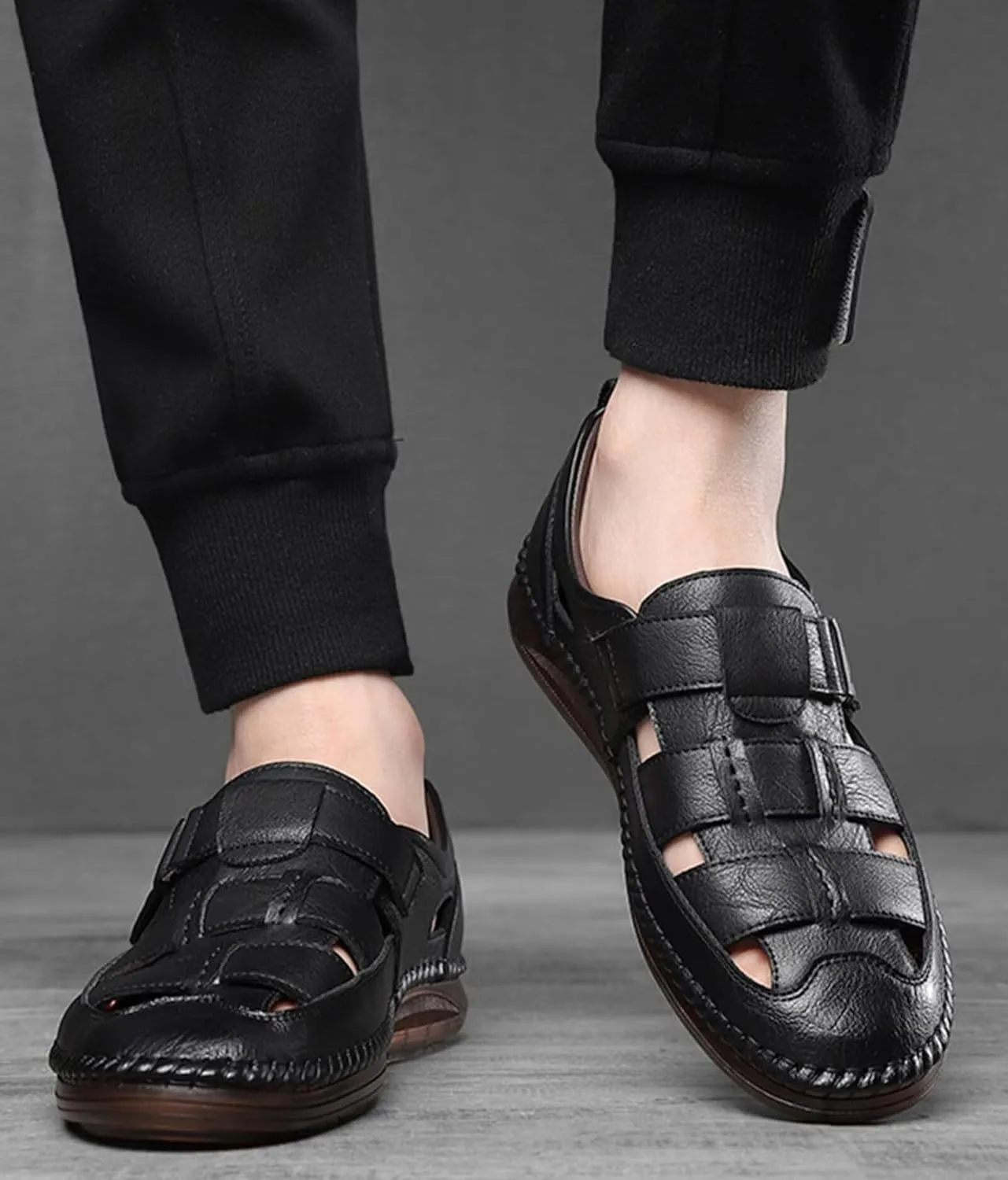 Mens Sports Sandals Leather Closed Toe Outdoor Beach Shoes Breathable Summer Hiking Trekking Walking Sandals