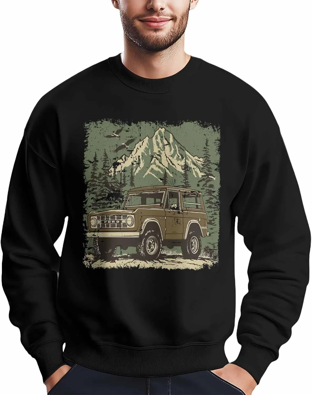Mens Sweatshirt Off-road Forest Eagle Car Graphic Sweatshirts for Men Crewneck Long Sleeve Pullover Clothes