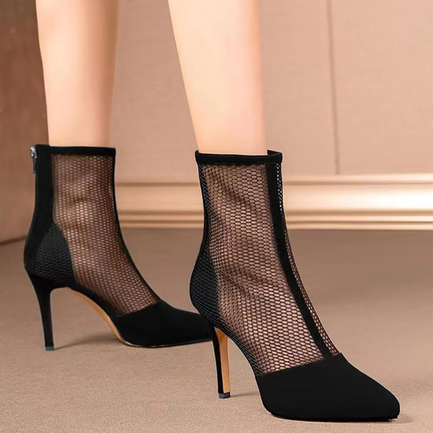 Mesh Ankle Boots for Women Fashion Sexy Sheer Sparkly Dress Pump Boots Rhinestone Pointed Toe Stiletto Glitter High Heel Shoes Wedding Party Shoes Mid Calf Boots