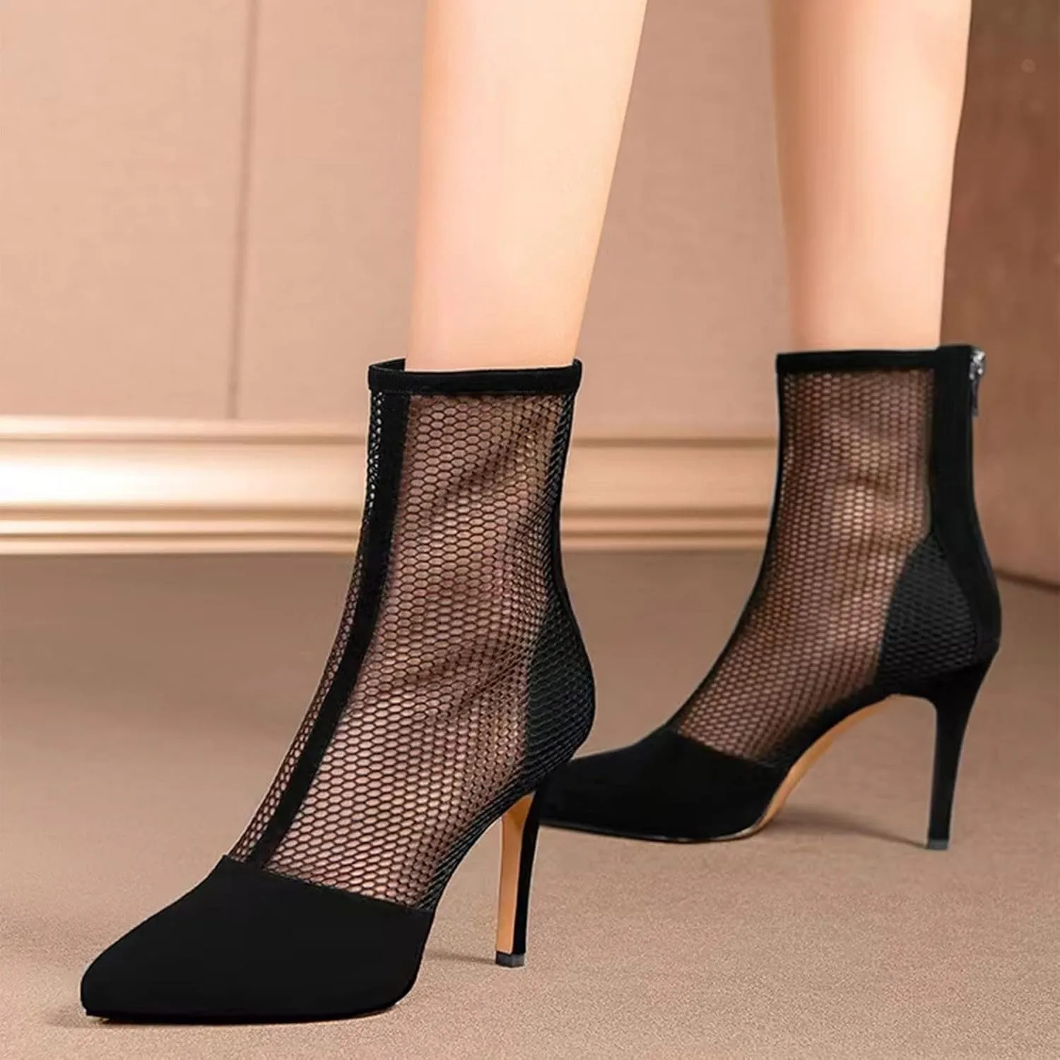 Mesh Ankle Boots for Women Fashion Sexy Sheer Sparkly Dress Pump Boots Rhinestone Pointed Toe Stiletto Glitter High Heel Shoes Wedding Party Shoes Mid Calf Boots