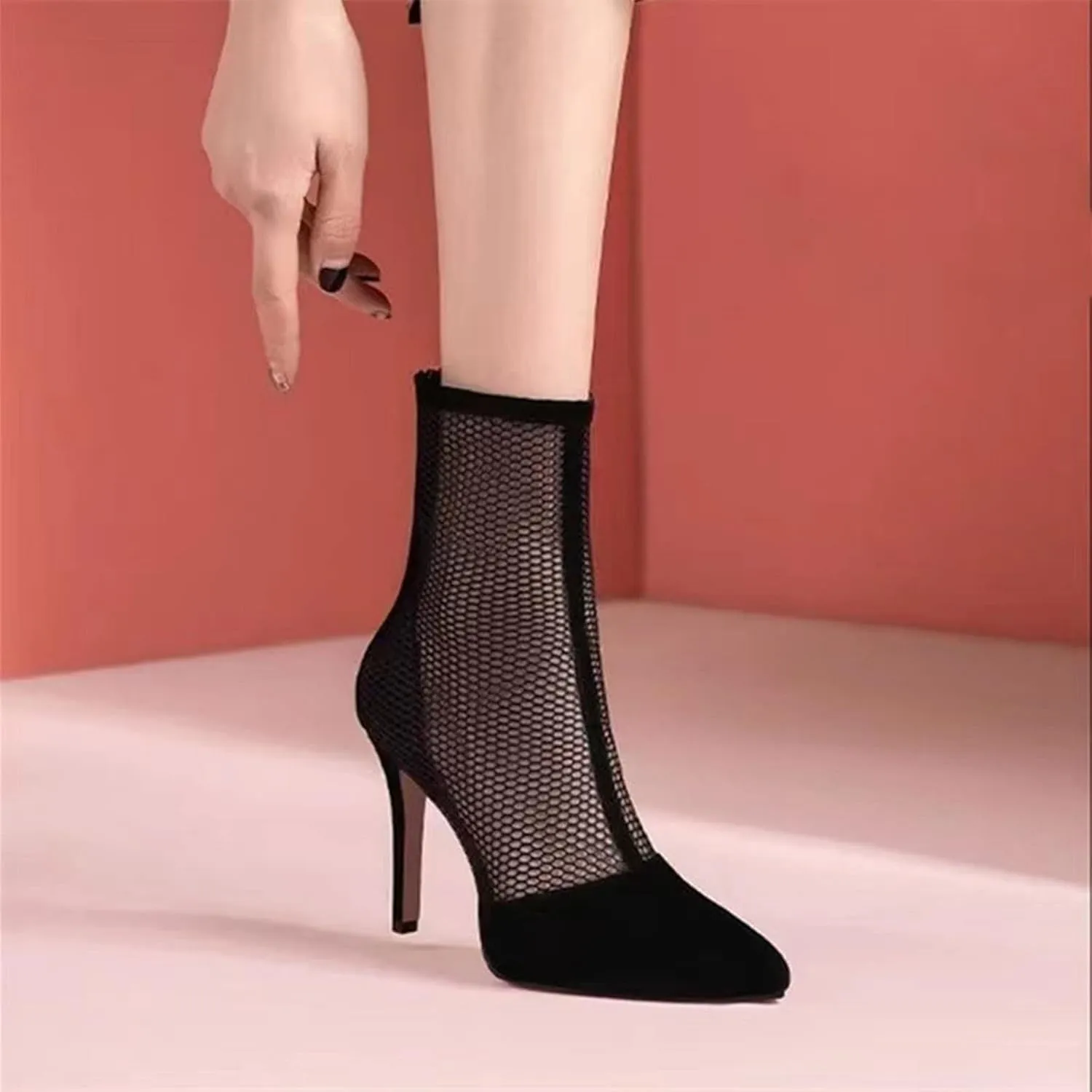 Mesh Ankle Boots for Women Fashion Sexy Sheer Sparkly Dress Pump Boots Rhinestone Pointed Toe Stiletto Glitter High Heel Shoes Wedding Party Shoes Mid Calf Boots