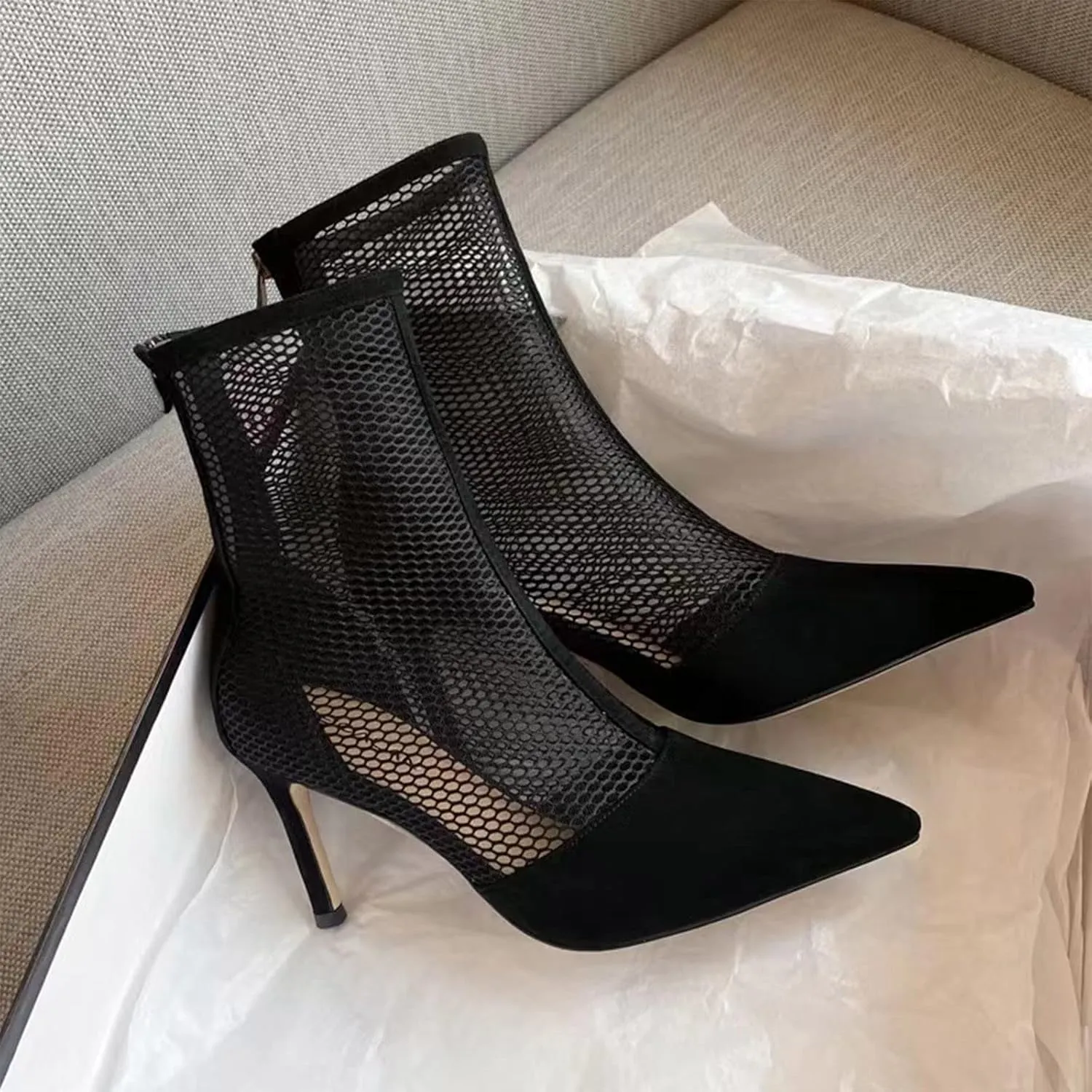 Mesh Ankle Boots for Women Fashion Sexy Sheer Sparkly Dress Pump Boots Rhinestone Pointed Toe Stiletto Glitter High Heel Shoes Wedding Party Shoes Mid Calf Boots