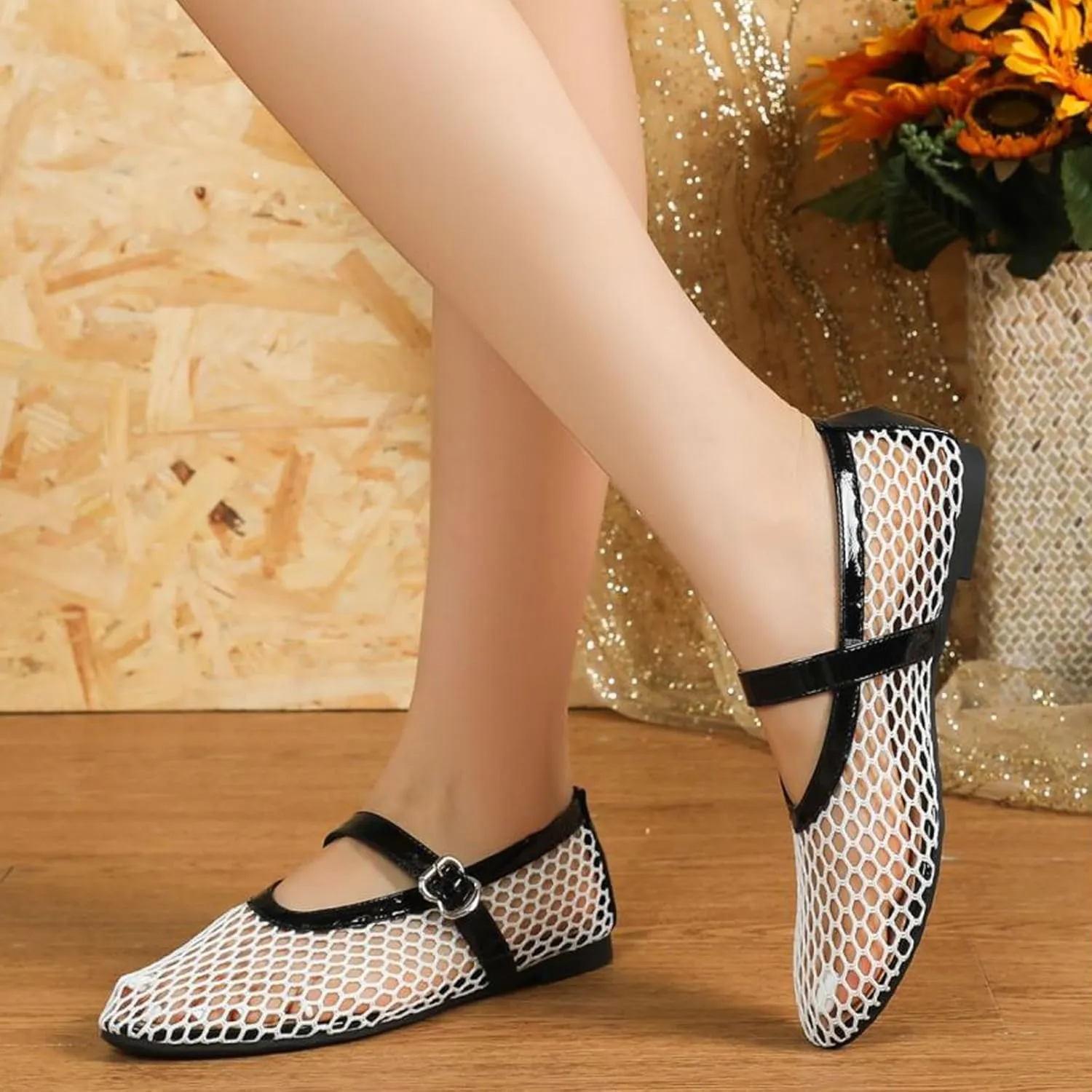 Mesh Ballet Flats for Women Buckle Strap Round Toe Mesh Fishnet Flats Comfy Casual Office Ballerina Daily Dress Shoes