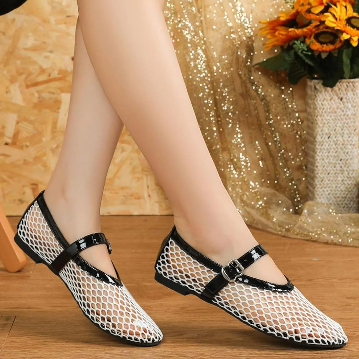 Mesh Ballet Flats for Women Buckle Strap Round Toe Mesh Fishnet Flats Comfy Casual Office Ballerina Daily Dress Shoes