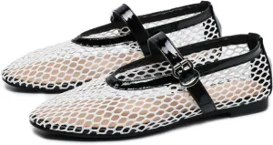 Mesh Ballet Flats for Women Buckle Strap Round Toe Mesh Fishnet Flats Comfy Casual Office Ballerina Daily Dress Shoes