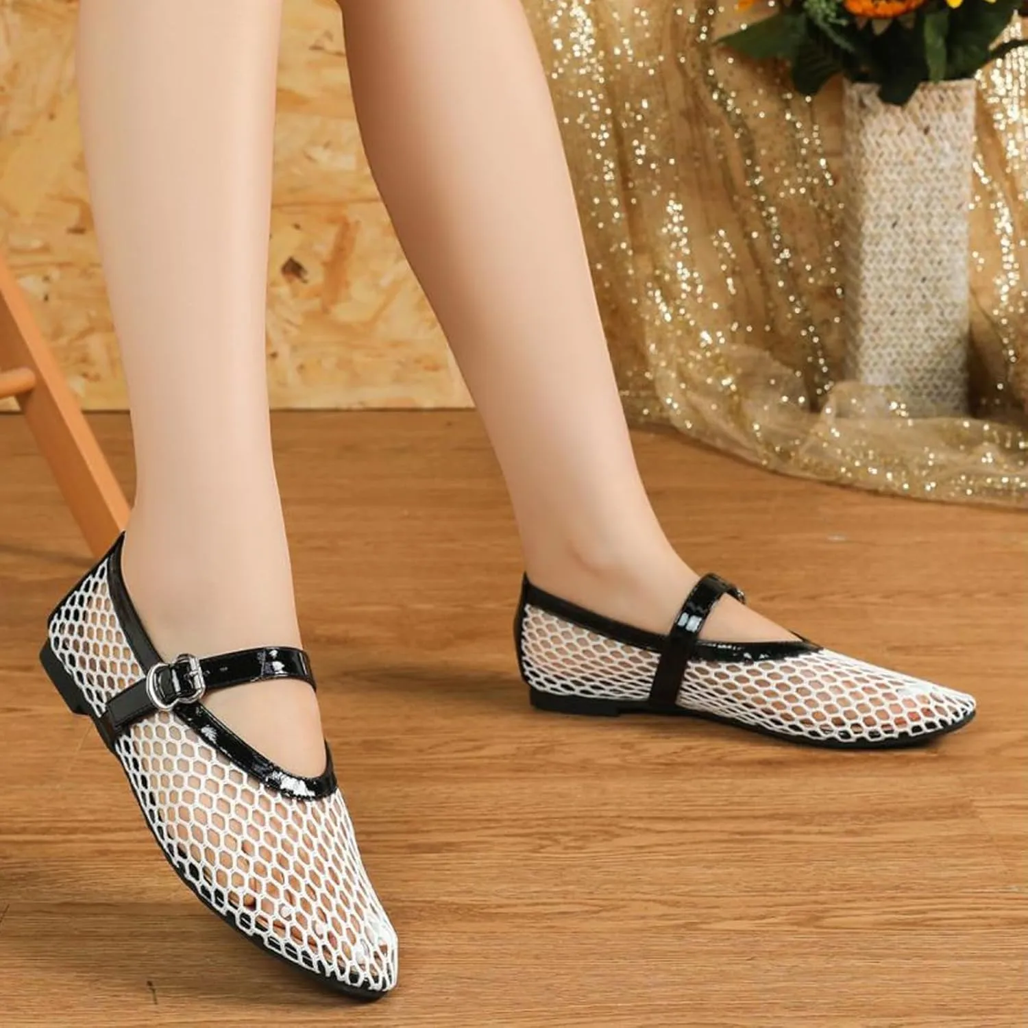 Mesh Ballet Flats for Women Buckle Strap Round Toe Mesh Fishnet Flats Comfy Casual Office Ballerina Daily Dress Shoes