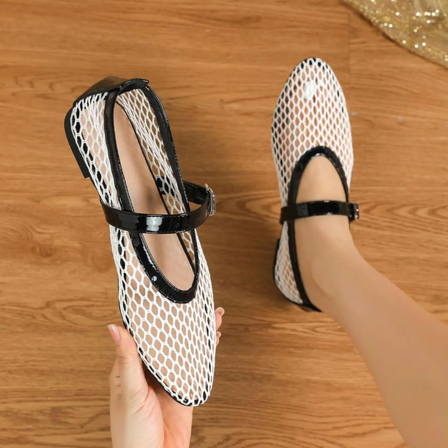 Mesh Ballet Flats for Women Buckle Strap Round Toe Mesh Fishnet Flats Comfy Casual Office Ballerina Daily Dress Shoes
