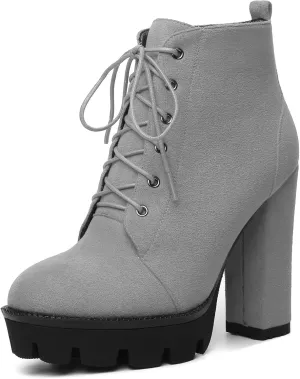 Mettesally Womens Platform Lace Up Ankle Boots Round Toe Chunky Block High Heels Side Zipper Short Boots Office Winter Shoes