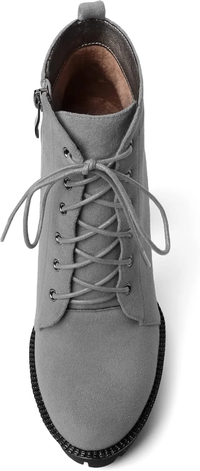 Mettesally Womens Platform Lace Up Ankle Boots Round Toe Chunky Block High Heels Side Zipper Short Boots Office Winter Shoes