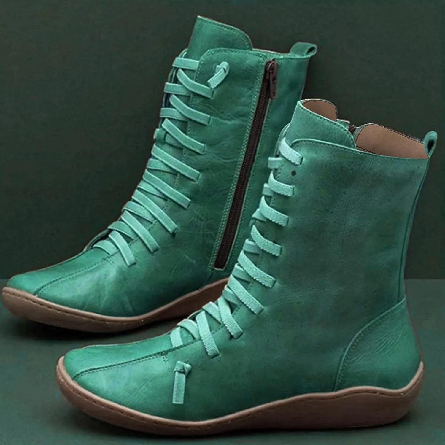 Mid Calf Boots Women Flat Boots for Women Retro Round Toe Lace up Comfortable Lightweight Walking Shoes Women Boots